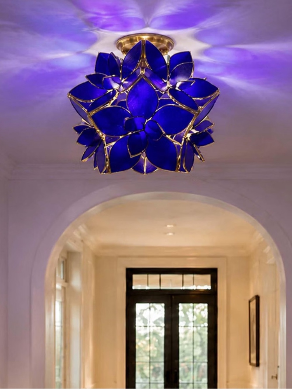 Cobalt Blue Flower Petals Tiffany Style Stained Glass Ceiling Light NEW
